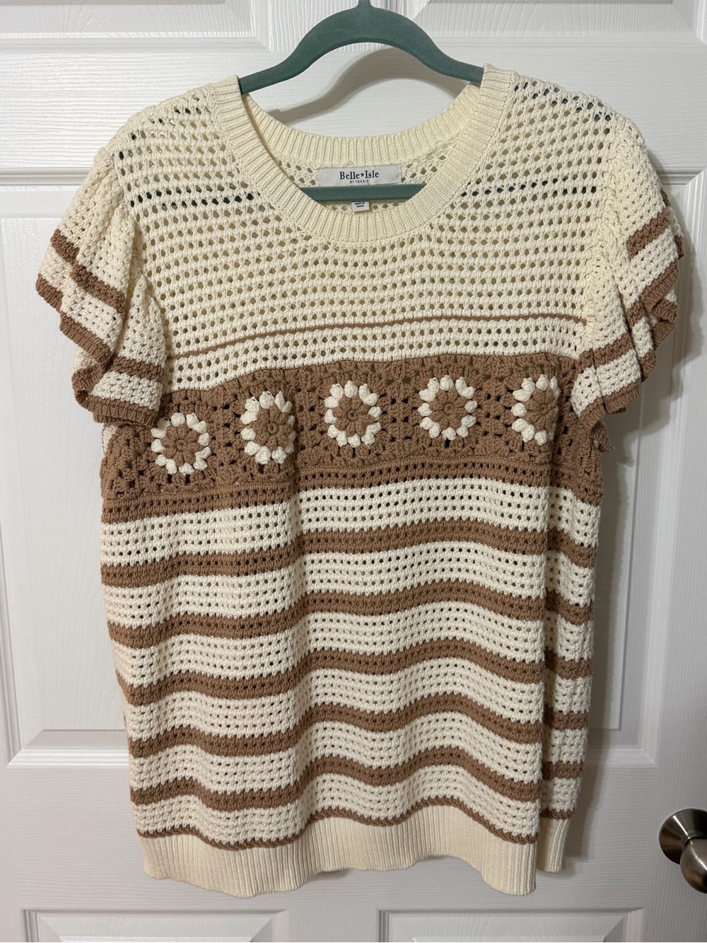 torrid Cream and Brown Striped Crochet short sleeve Scoop-Neck Sweater